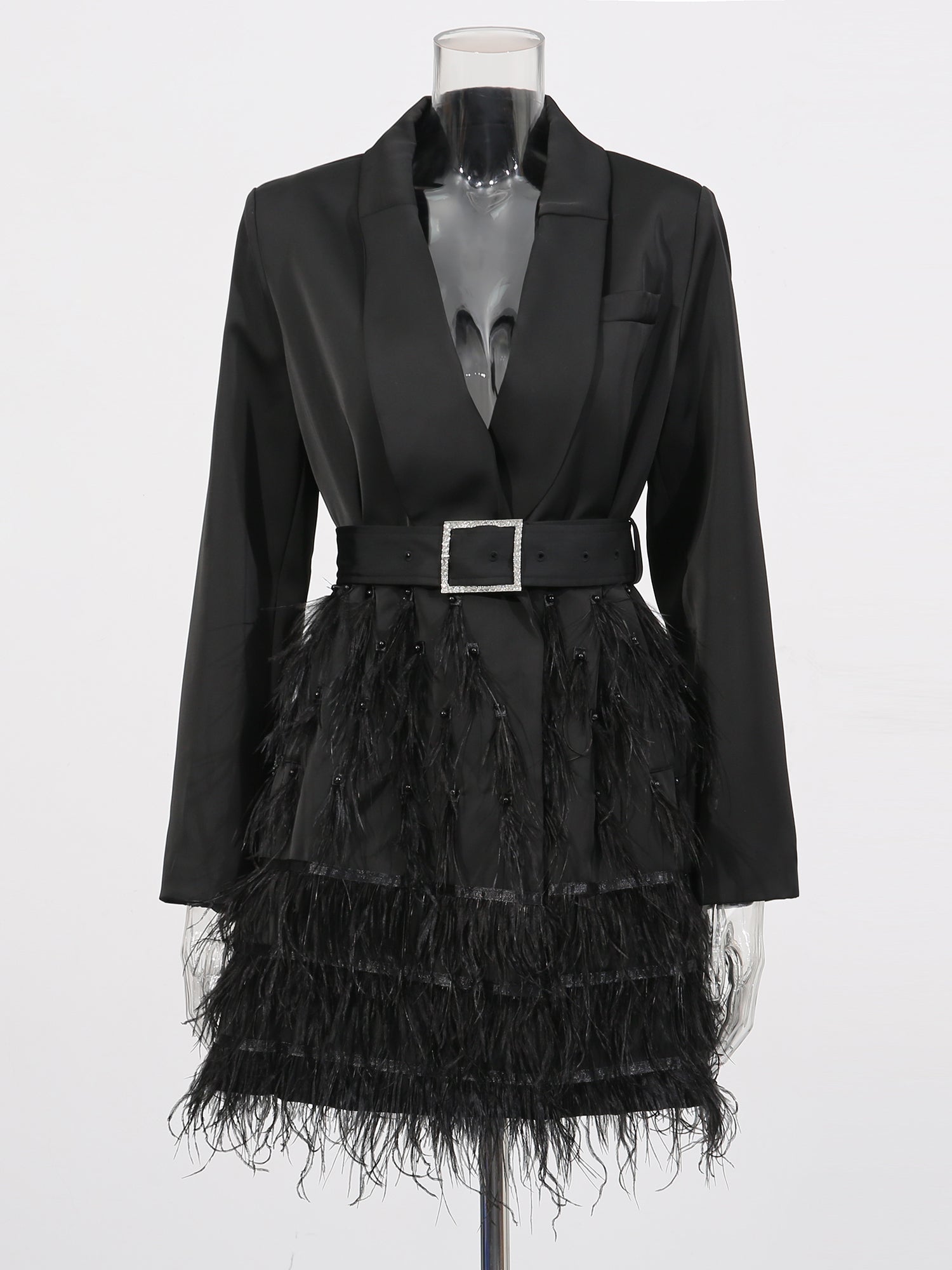 Black Feather - Trimmed Blazer Dress with Rhinestone Belt - SISPELL