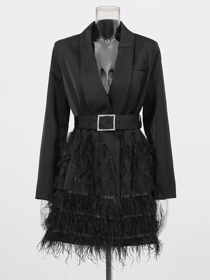 Black Feather - Trimmed Blazer Dress with Rhinestone Belt - SISPELL