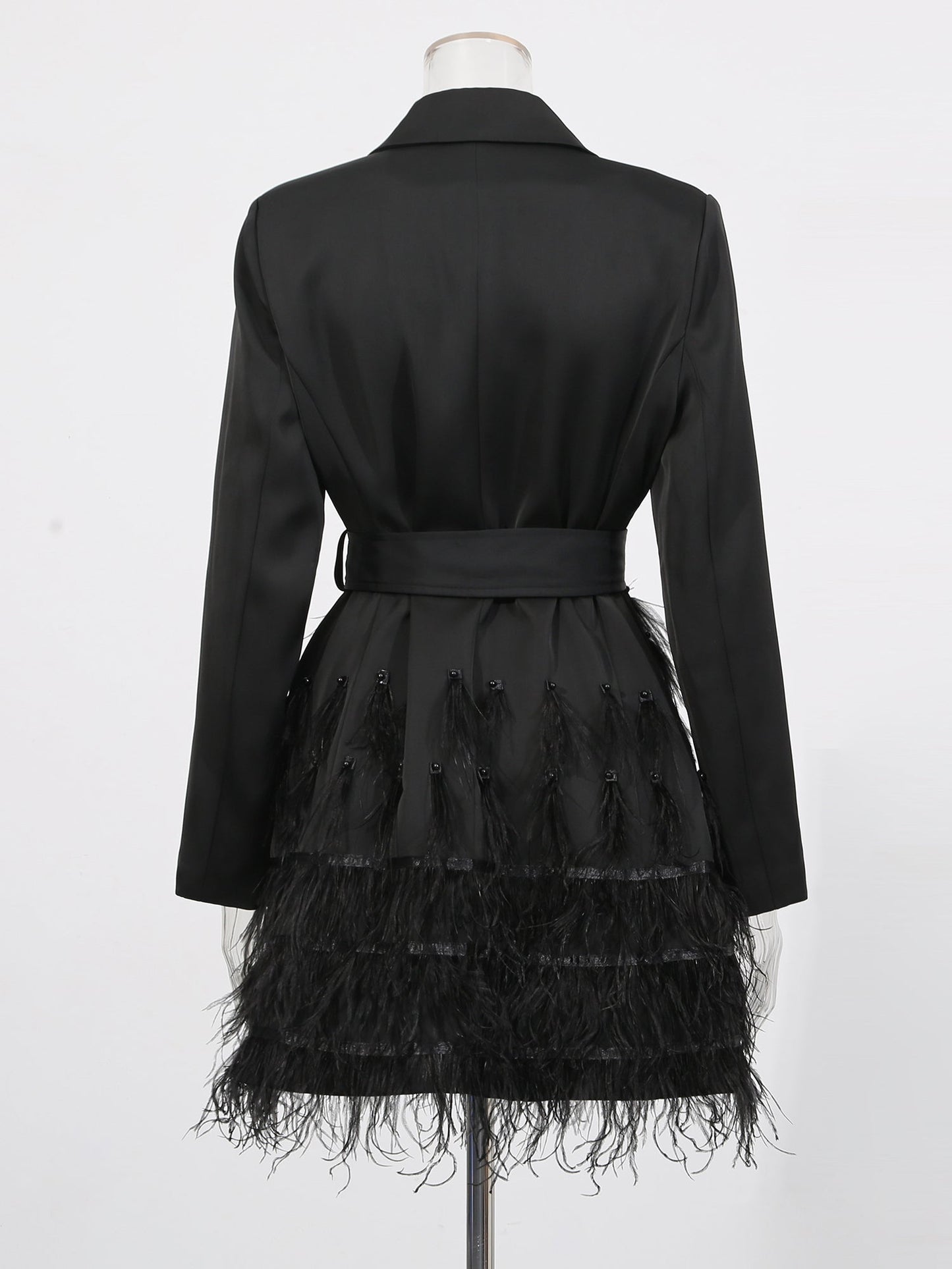 Black Feather - Trimmed Blazer Dress with Rhinestone Belt - SISPELL