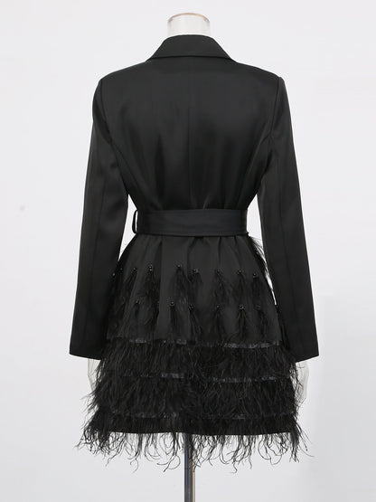 Black Feather - Trimmed Blazer Dress with Rhinestone Belt - SISPELL