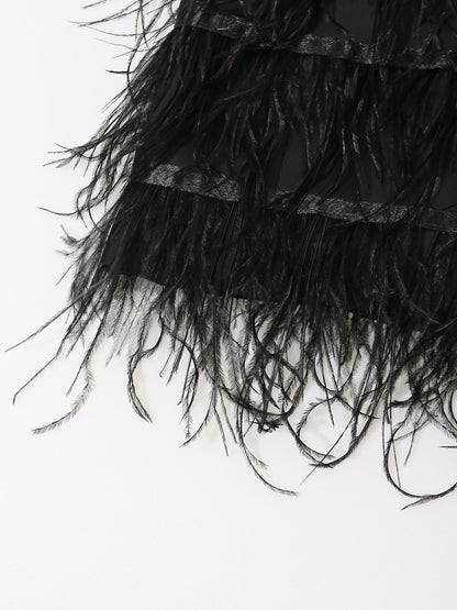 Black Feather - Trimmed Blazer Dress with Rhinestone Belt - SISPELL