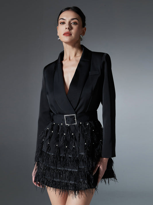 Black Feather - Trimmed Blazer Dress with Rhinestone Belt - SISPELL
