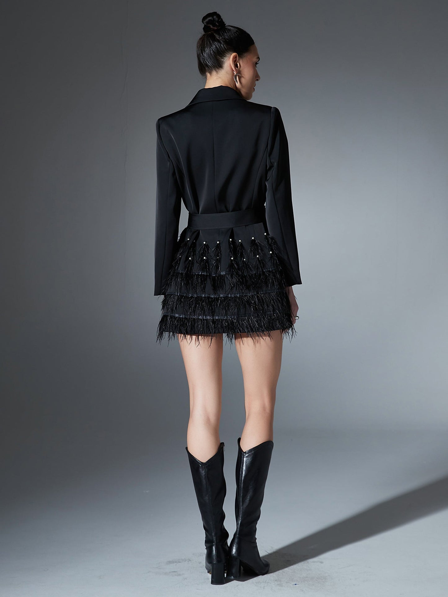 Black Feather - Trimmed Blazer Dress with Rhinestone Belt - SISPELL