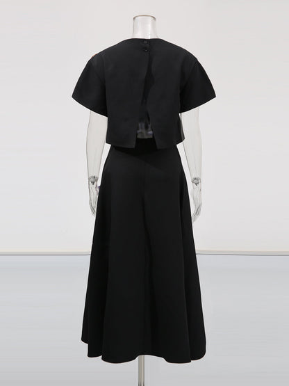 Black Floral Appliqué Crop Top & Midi Skirt Set - SISPELL