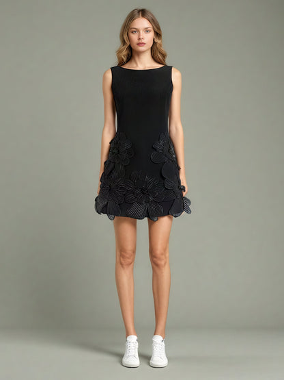 Black Floral Appliqué Sleeveless Mini Dress - SISPELL
