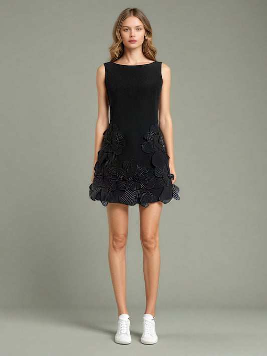 Black Floral Appliqué Sleeveless Mini Dress - SISPELL