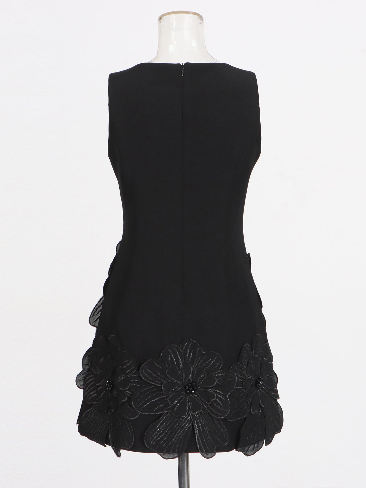 Black Floral Appliqué Sleeveless Mini Dress - SISPELL
