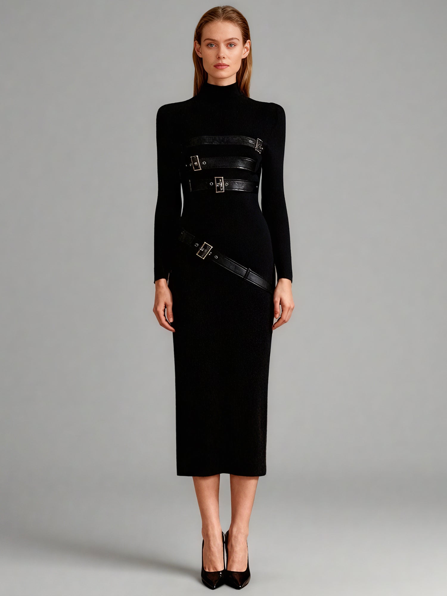 Black High Neck Midi Dress with Leather Buckle Details - SISPELL
