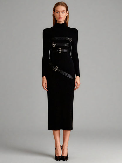 Black High Neck Midi Dress with Leather Buckle Details - SISPELL