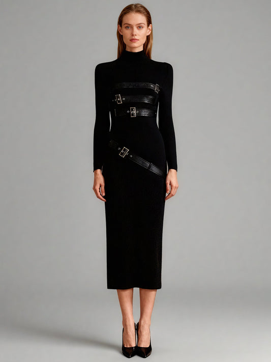 Black High Neck Midi Dress with Leather Buckle Details - SISPELL