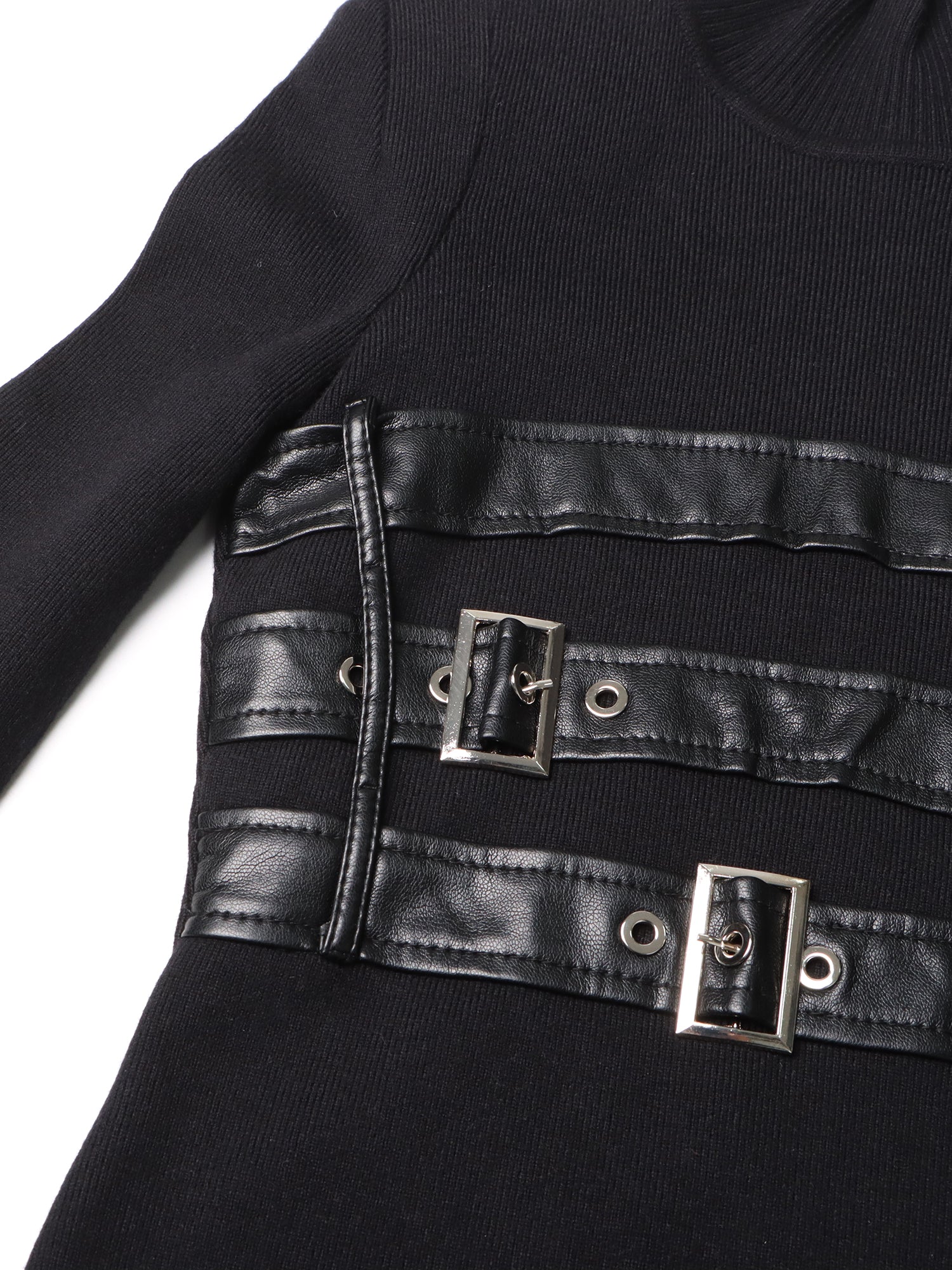 Black High Neck Midi Dress with Leather Buckle Details - SISPELL