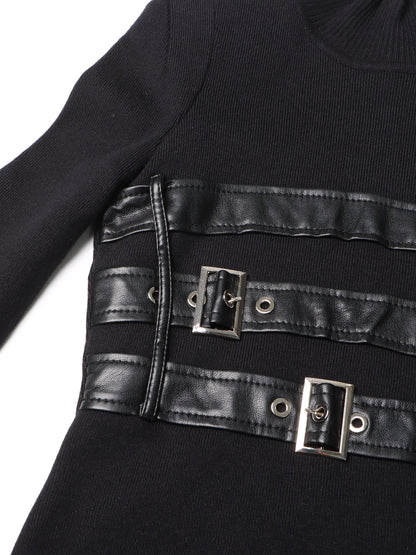 Black High Neck Midi Dress with Leather Buckle Details - SISPELL