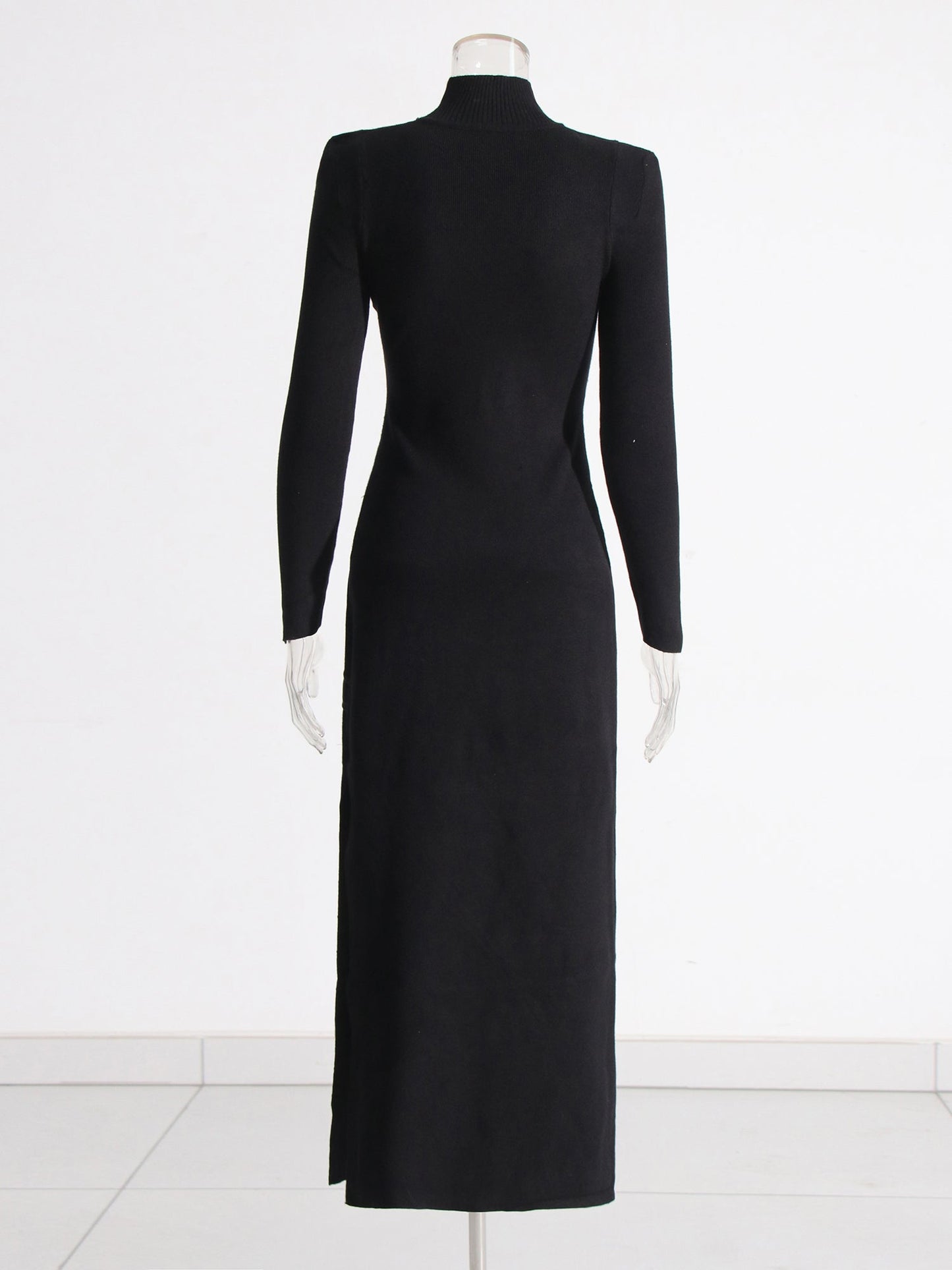 Black High Neck Midi Dress with Leather Buckle Details - SISPELL