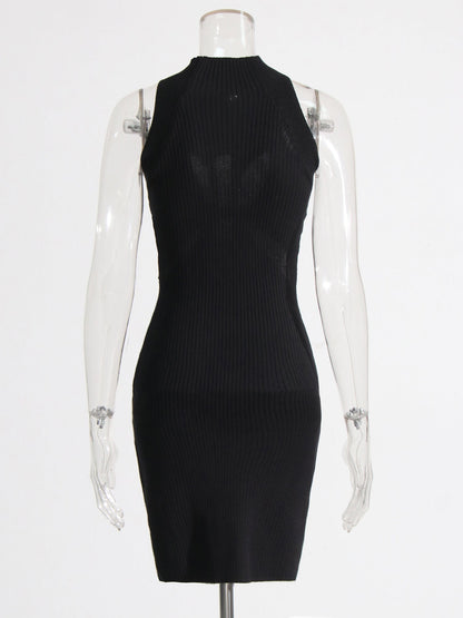 Black Knit Cutout Knot Bodycon Mini Dress - SISPELL