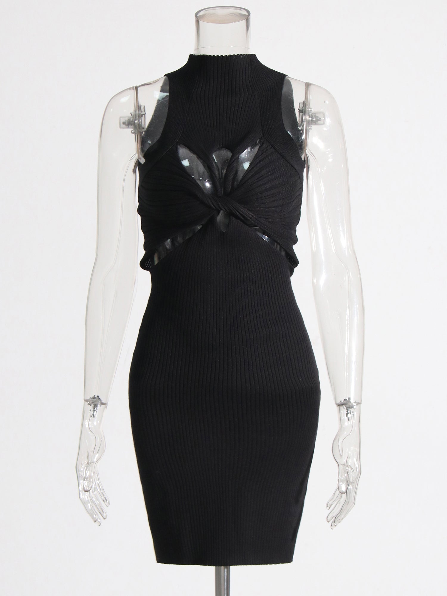 Black Knit Cutout Knot Bodycon Mini Dress - SISPELL