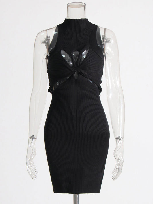 Black Knit Cutout Knot Bodycon Mini Dress - SISPELL