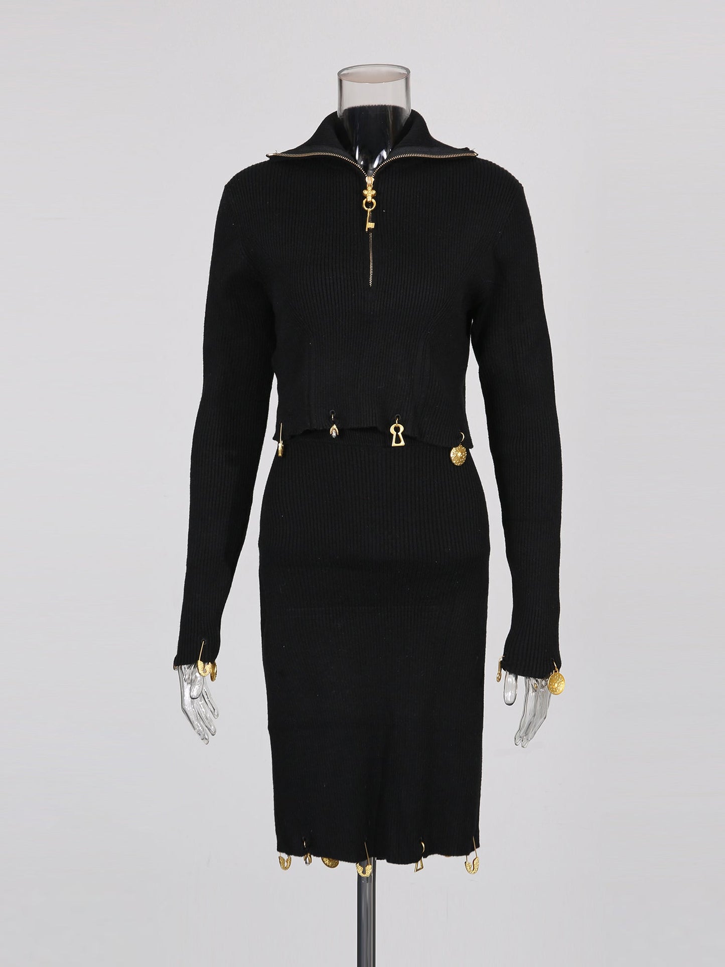 Black Knit Set with Gold Charm & Half - Zip Detailing - SISPELL