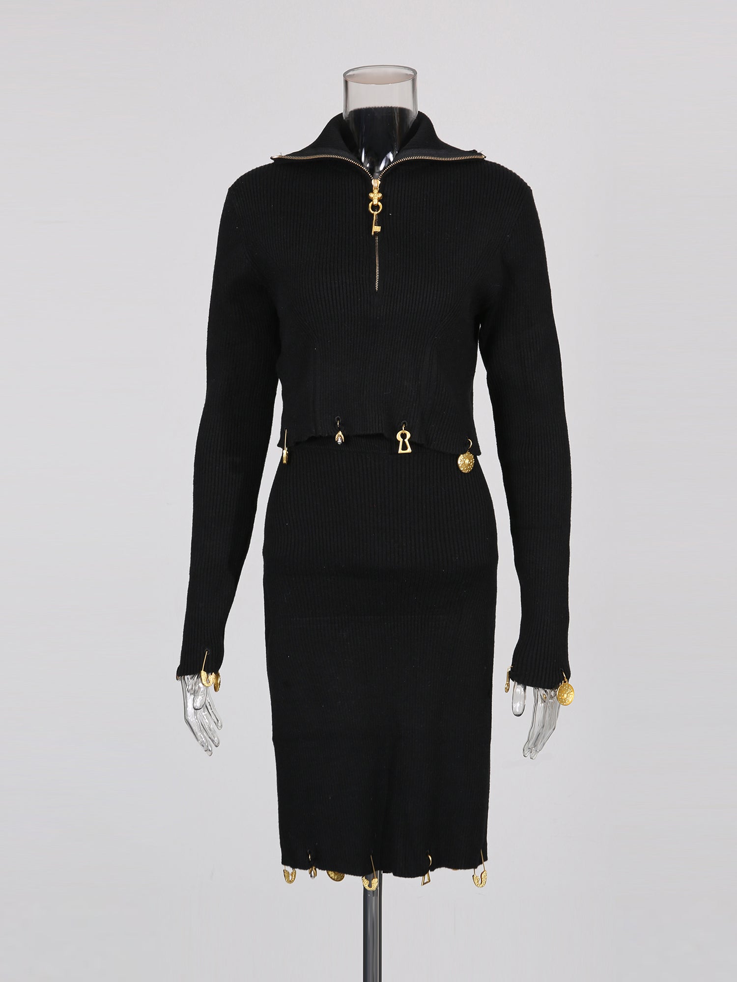 Black Knit Set with Gold Charm & Half - Zip Detailing - SISPELL