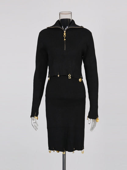 Black Knit Set with Gold Charm & Half - Zip Detailing - SISPELL