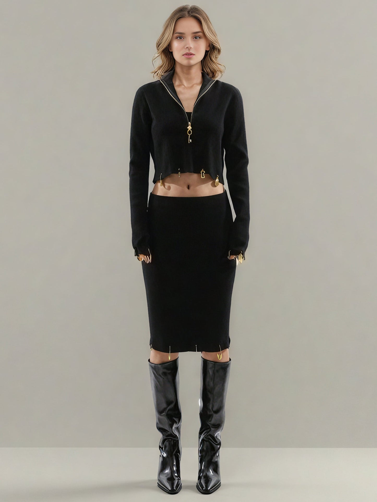 Black Knit Set with Gold Charm & Half - Zip Detailing - SISPELL