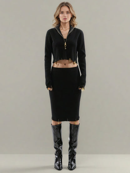 Black Knit Set with Gold Charm & Half - Zip Detailing - SISPELL