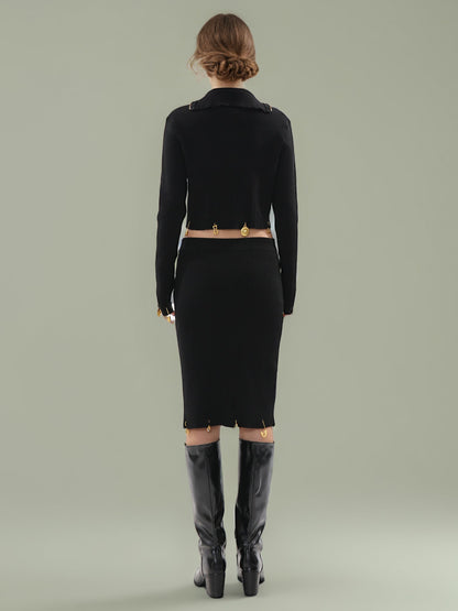 Black Knit Set with Gold Charm & Half - Zip Detailing - SISPELL