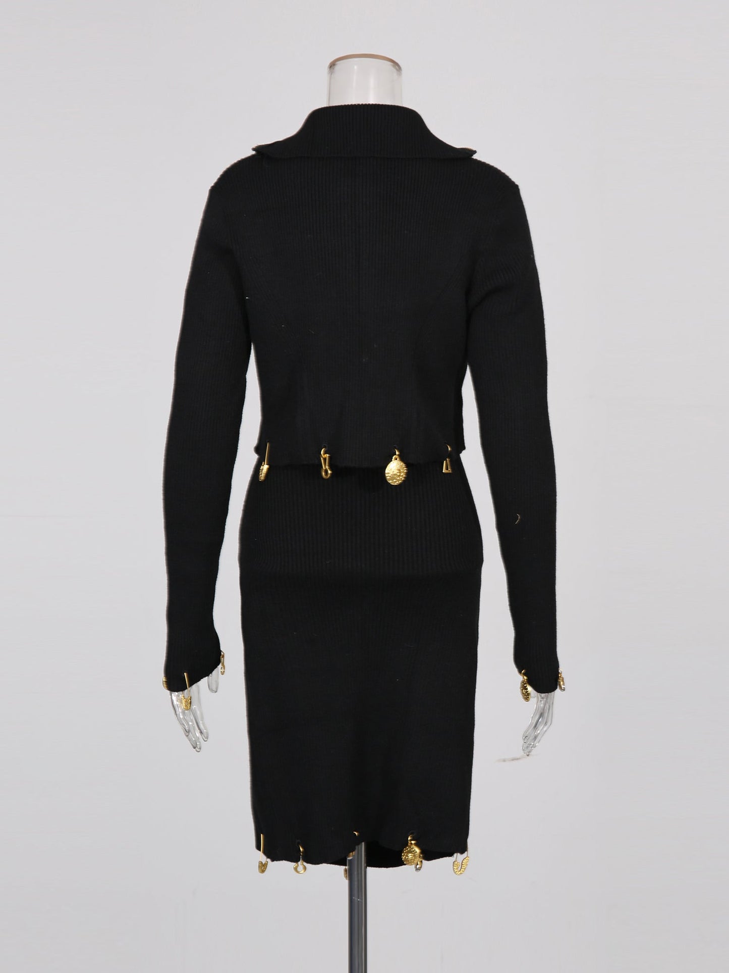 Black Knit Set with Gold Charm & Half - Zip Detailing - SISPELL