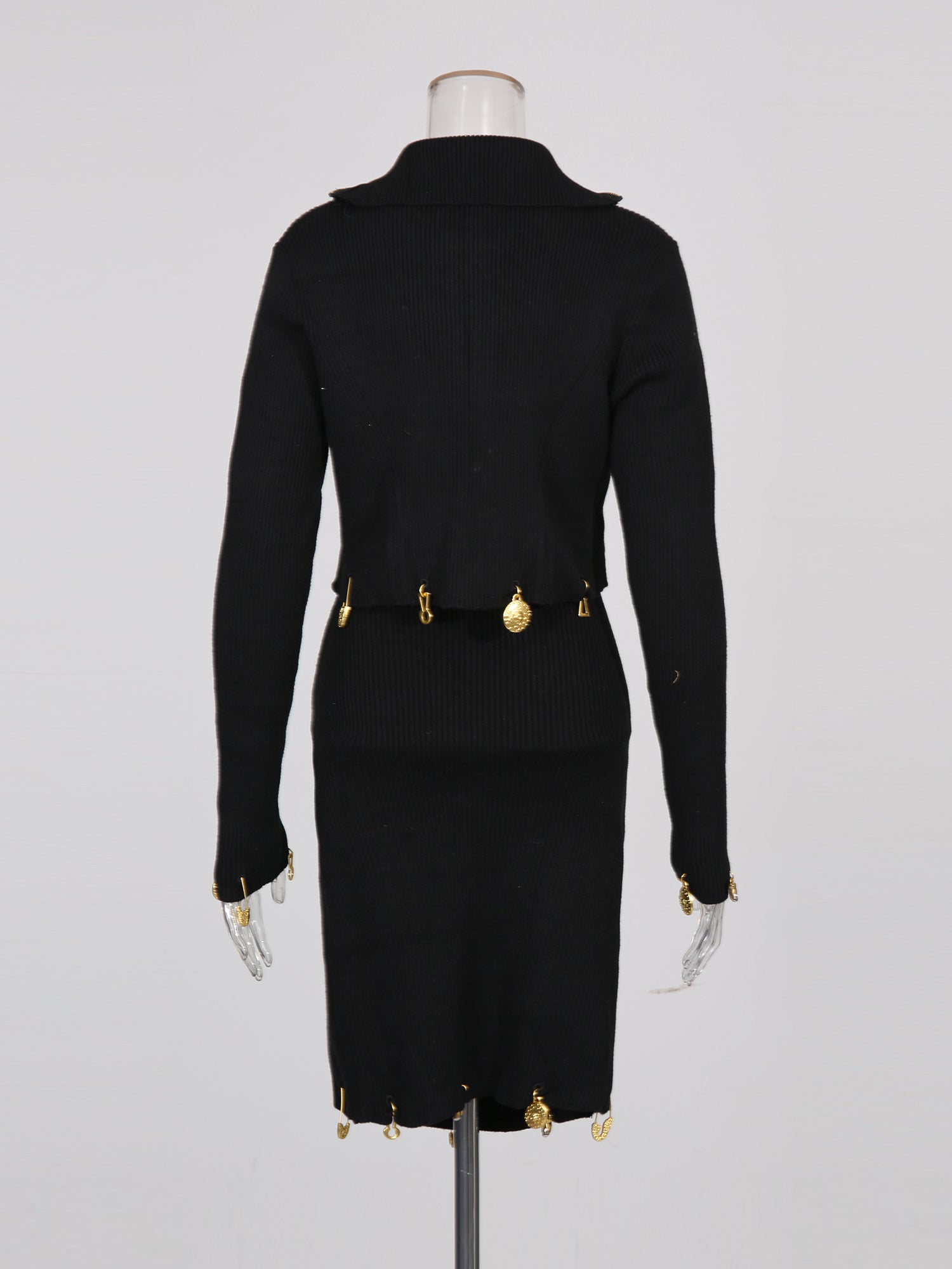Black Knit Set with Gold Charm & Half - Zip Detailing - SISPELL