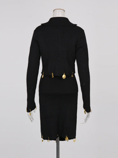 Black Knit Set with Gold Charm & Half - Zip Detailing - SISPELL