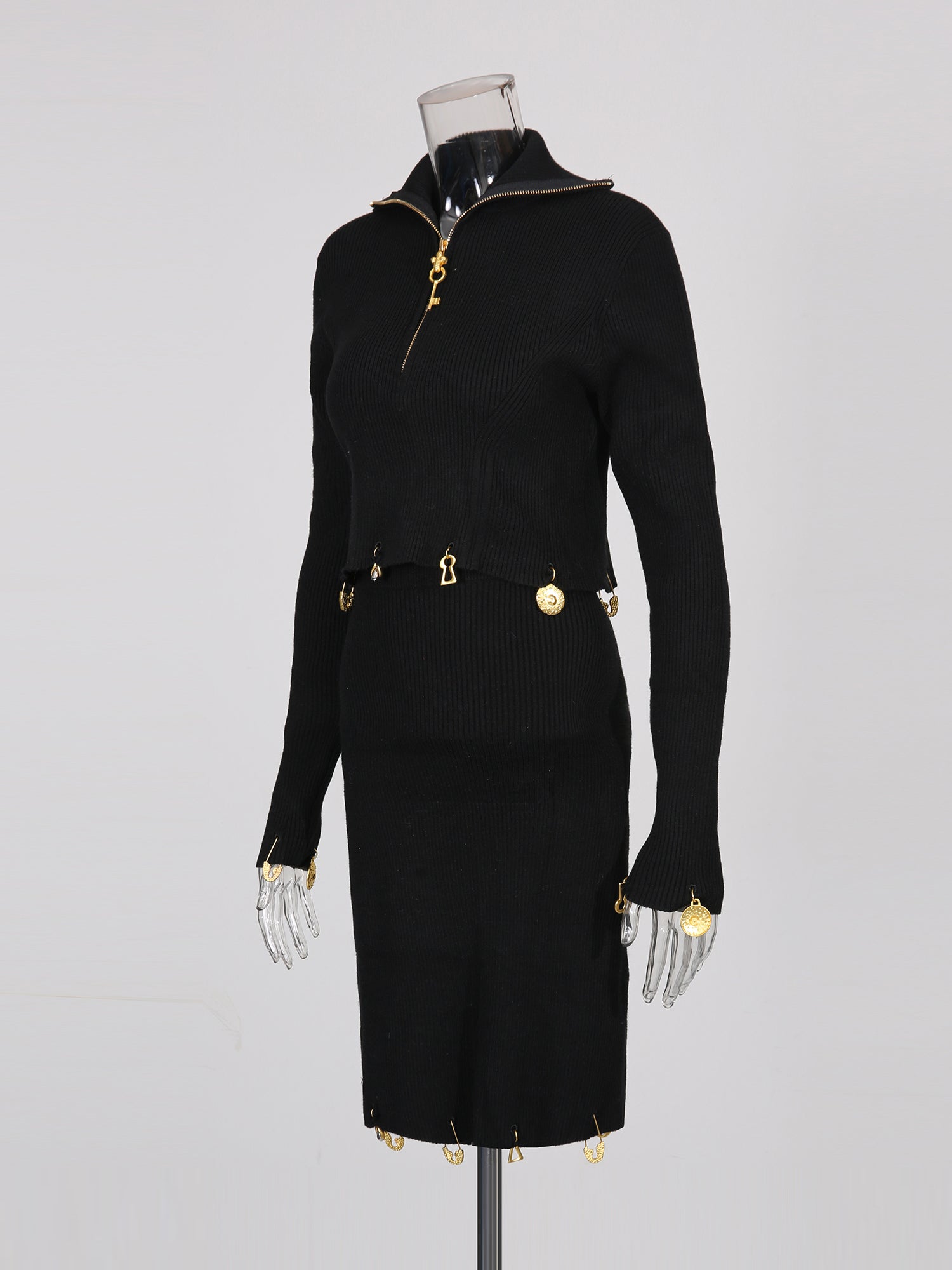 Black Knit Set with Gold Charm & Half - Zip Detailing - SISPELL