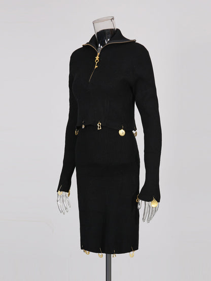 Black Knit Set with Gold Charm & Half - Zip Detailing - SISPELL