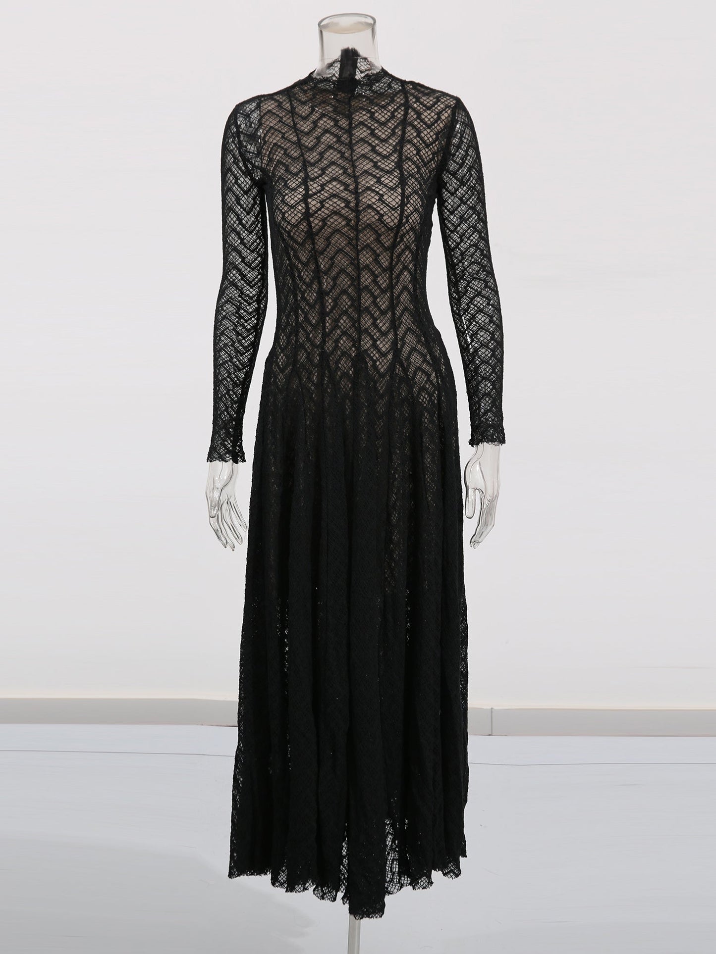 Black Lace Maxi Dress with Long Sleeve & Sheer Design - SISPELL