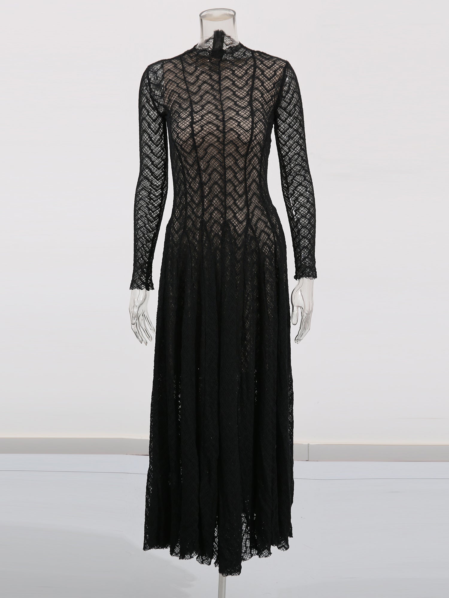 Black Lace Maxi Dress with Long Sleeve & Sheer Design - SISPELL