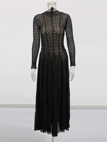 Black Lace Maxi Dress with Long Sleeve & Sheer Design - SISPELL