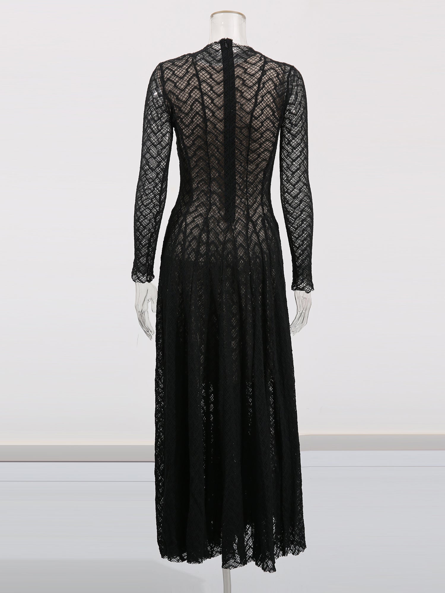 Black Lace Maxi Dress with Long Sleeve & Sheer Design - SISPELL