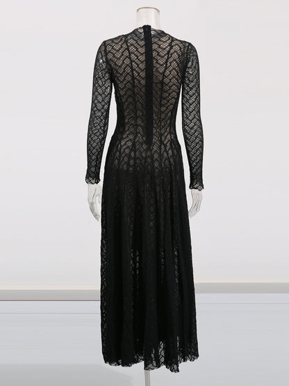Black Lace Maxi Dress with Long Sleeve & Sheer Design - SISPELL