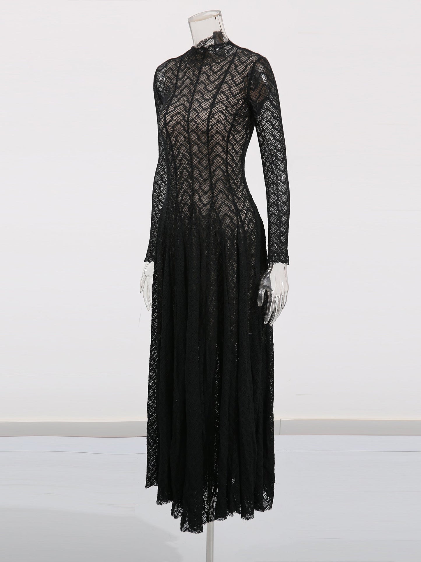 Black Lace Maxi Dress with Long Sleeve & Sheer Design - SISPELL