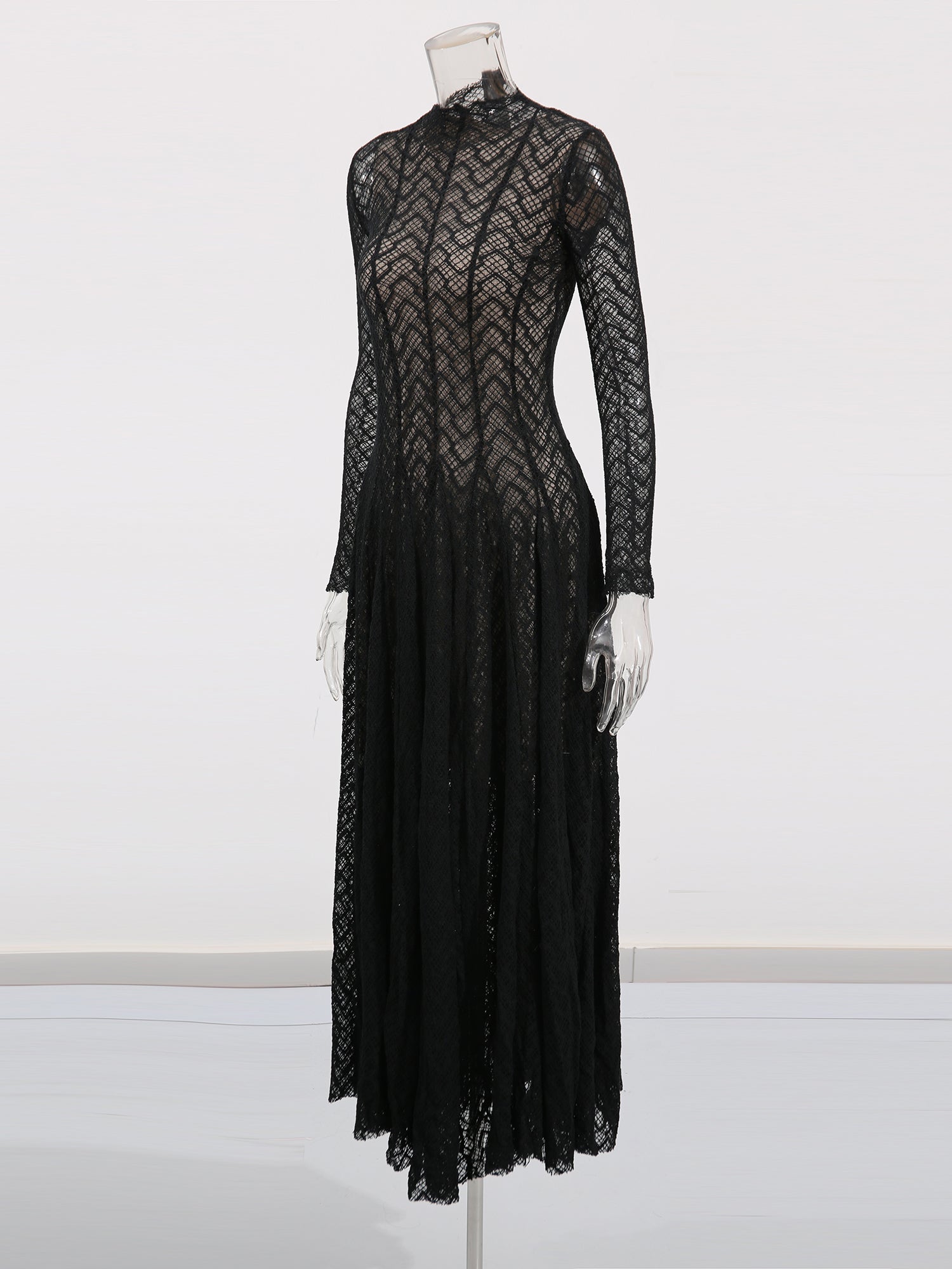 Black Lace Maxi Dress with Long Sleeve & Sheer Design - SISPELL