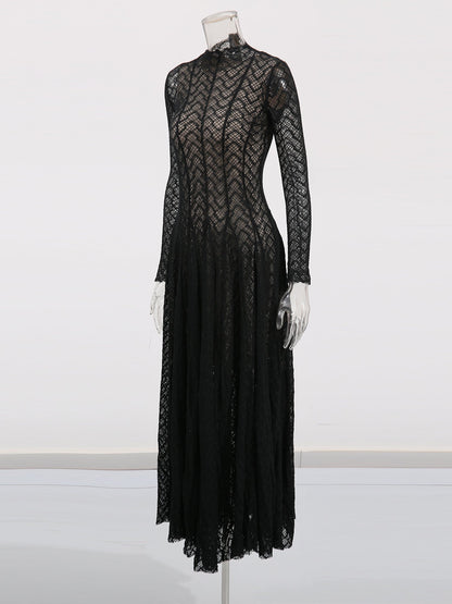 Black Lace Maxi Dress with Long Sleeve & Sheer Design - SISPELL