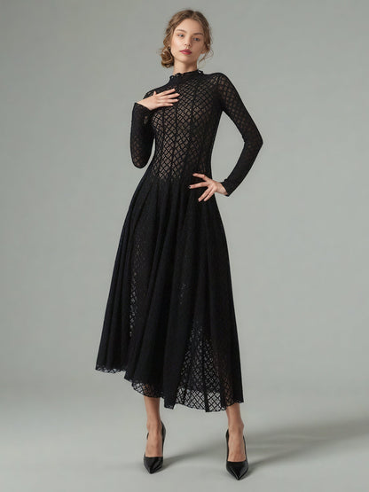 Black Lace Maxi Dress with Long Sleeve & Sheer Design - SISPELL