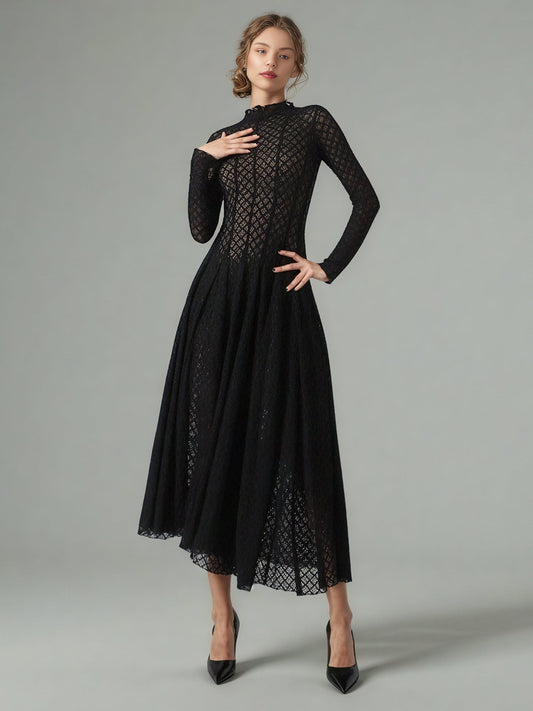 Black Lace Maxi Dress with Long Sleeve & Sheer Design - SISPELL