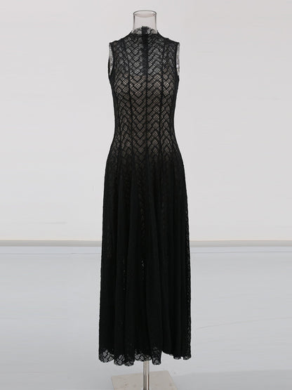 Black Lace Sleeveless Maxi Dress with Mock Neck - SISPELL