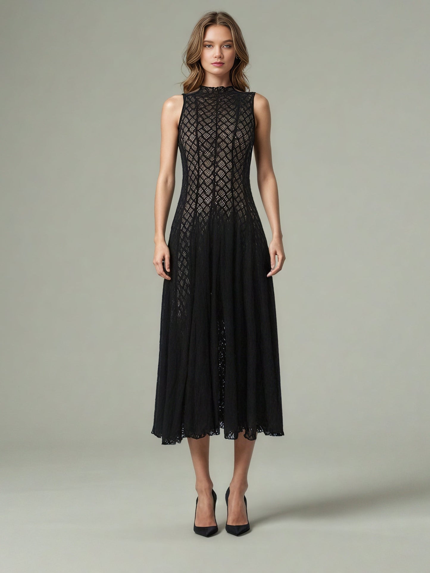 Black Lace Sleeveless Maxi Dress with Mock Neck - SISPELL