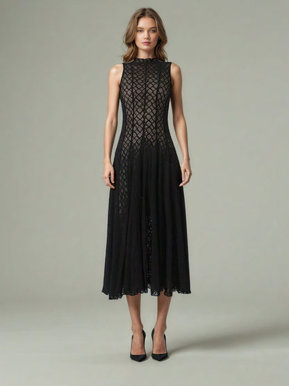 Black Lace Sleeveless Maxi Dress with Mock Neck - SISPELL