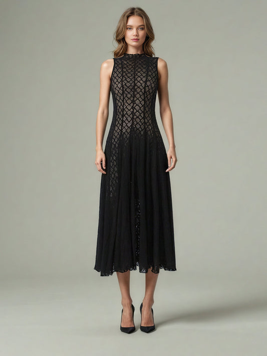 Black Lace Sleeveless Maxi Dress with Mock Neck - SISPELL