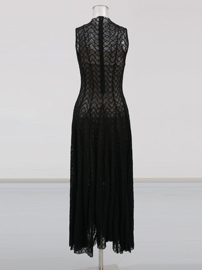 Black Lace Sleeveless Maxi Dress with Mock Neck - SISPELL