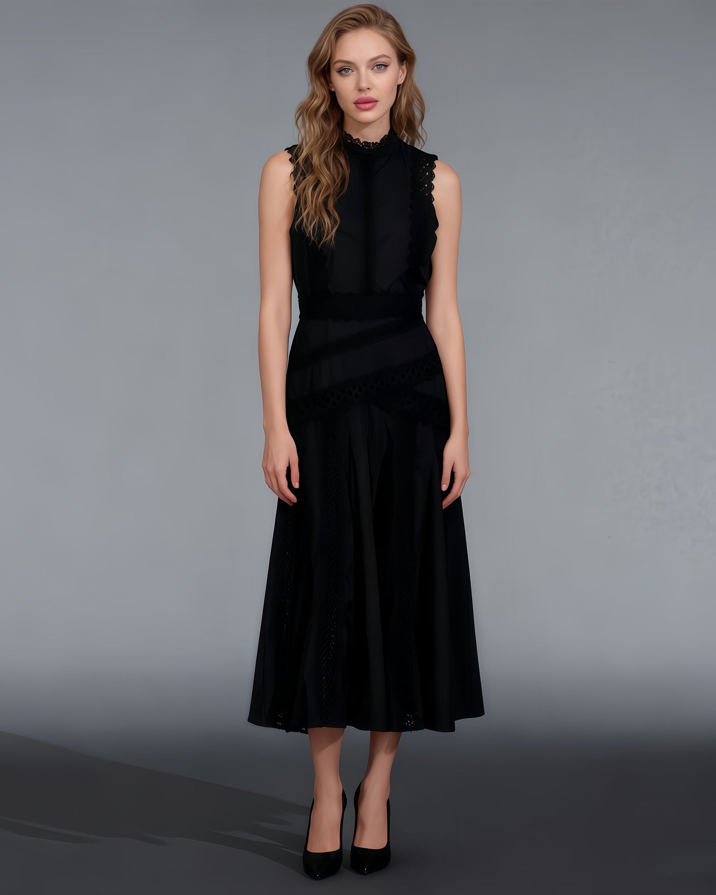 Black Lace Sleeveless Midi Dress - SISPELL