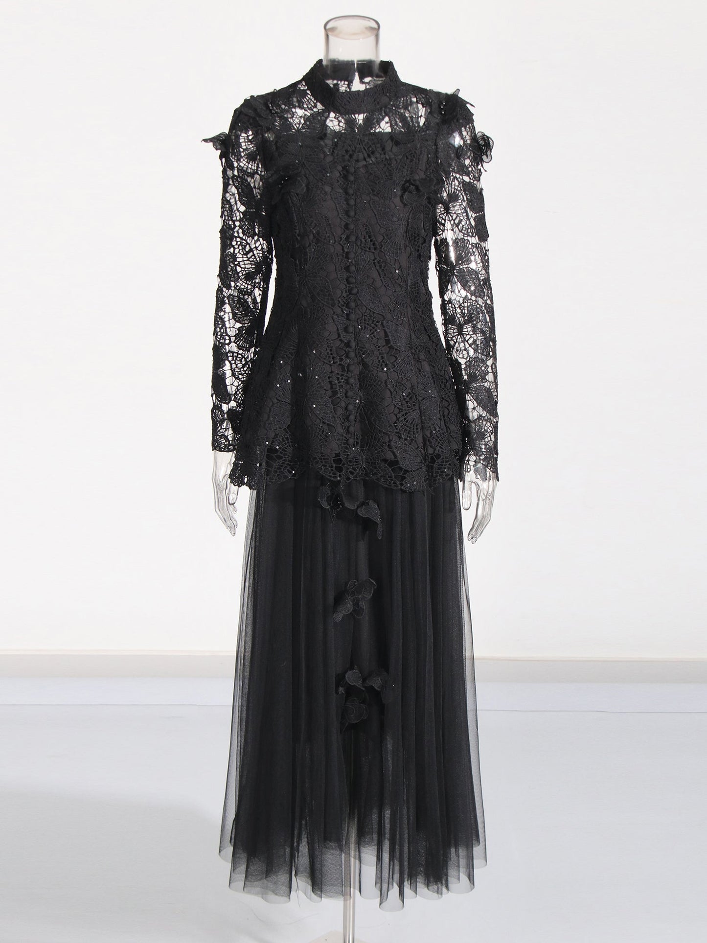 Black Lace Top & Tulle Skirt Two - Piece Set - SISPELL