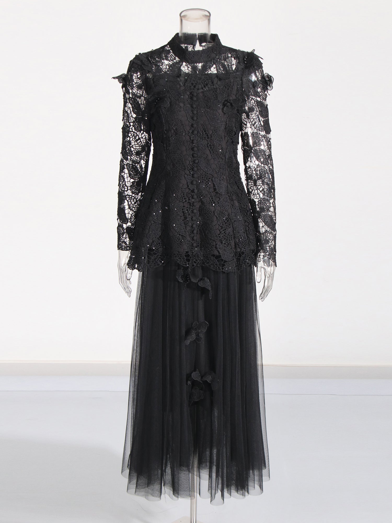 Black Lace Top & Tulle Skirt Two - Piece Set - SISPELL