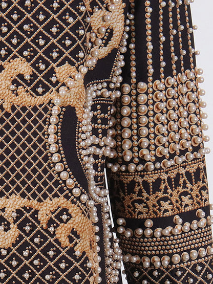 Black Long Coat with Gold Embroidery & Pearl Detailing - SISPELL